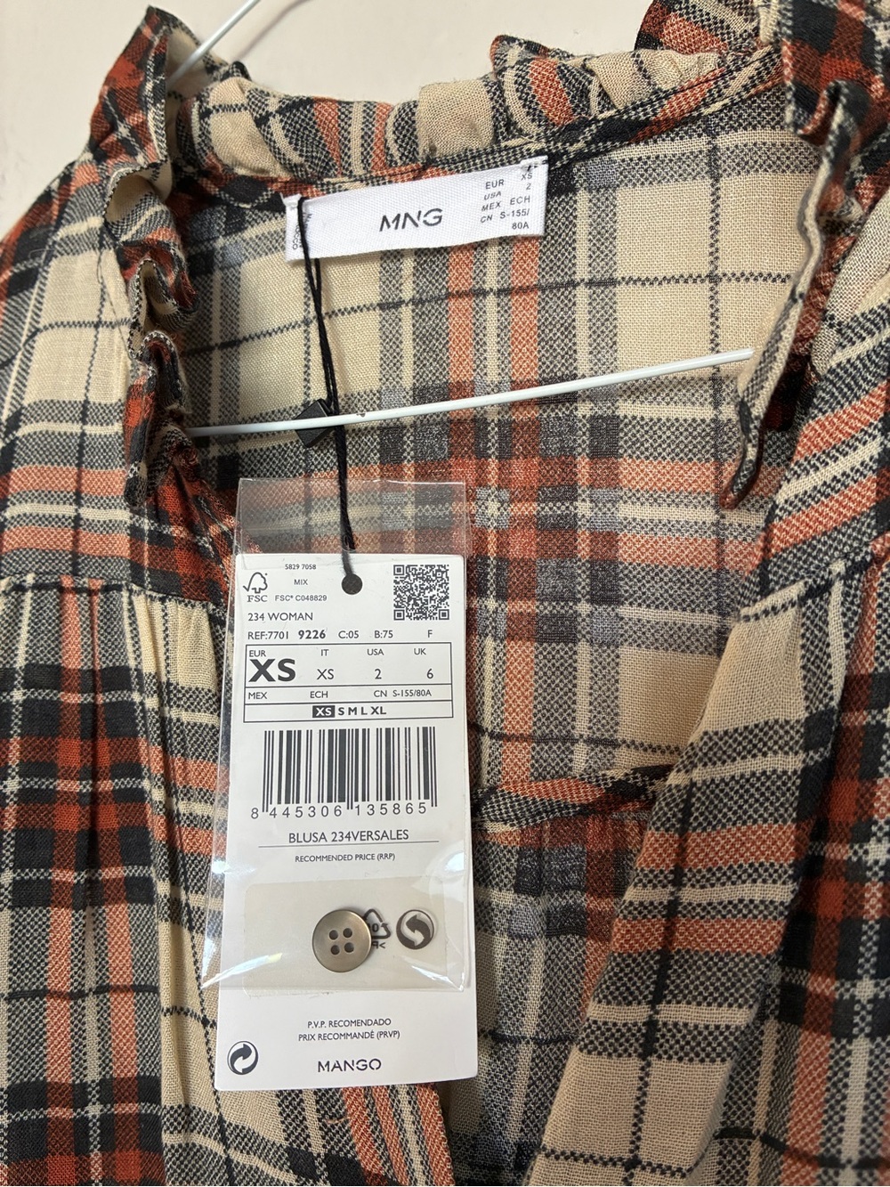 NWT Mango Plaid Ruffle Collar Blouse Viscose Wool Top Rust Cream XS Cottagecore - Picture 2 of 9